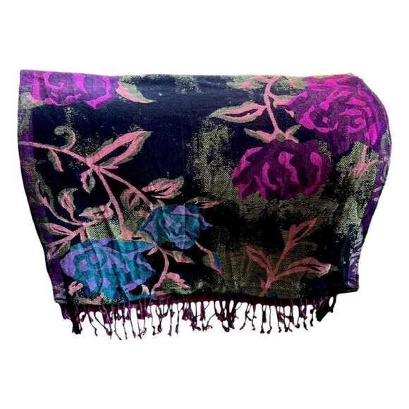 Large Black & Vibrant Jewel Toned Wrap Scarf Floral Patterned with Fringe - Picture 6 of 10